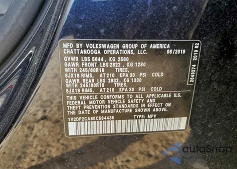 2019 Volkswagen Atlas Se из США, поврежденный, VIN 1V2DP2CA8KC584435